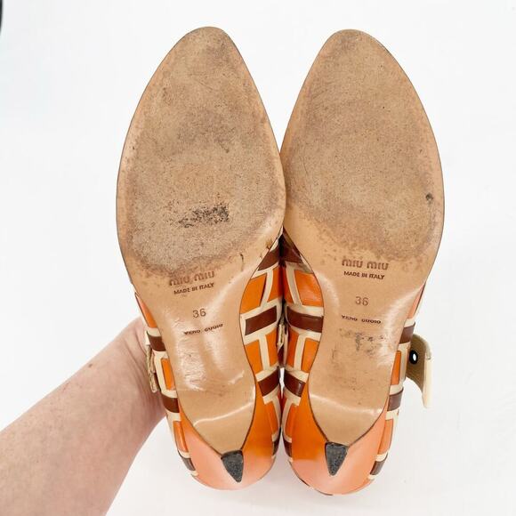 Vintage Retro Miu Miu Orange Tan Brown Woven Pointed Toe Mary Jane Pump IT 36 - Picture 9 of 11